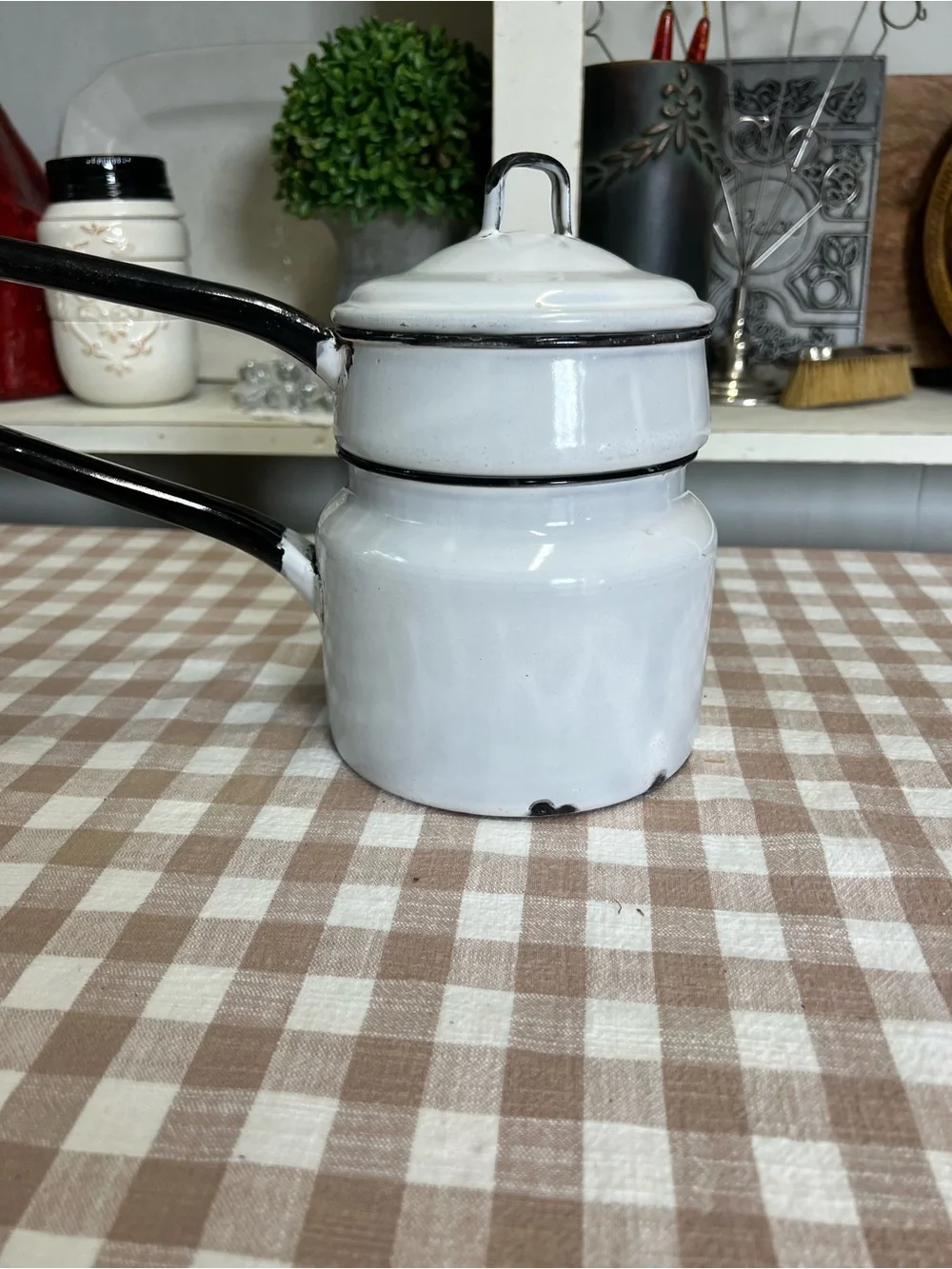 Vintage black white enamel double boiler pan decor cookware grandma core